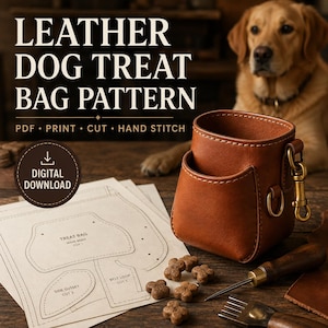 以下が含まれることがあります： 真鍮製クリップ付きの茶色の革製ドッグトリーツバッグと、「TREAT BAG」、「MAIN BODY」、「SIDE GUSSET」、「BELT LOOP」とラベル付けされた紙の型紙。「LEATHER DOG TREAT BAG PATTERN」および「DIGITAL DOWNLOAD」というテキストが表示されています。