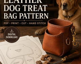Puede incluir: Una bolsa de cuero marrón para premios de perro con un clip de latón, acompañada de patrones de papel etiquetados 'TREAT BAG', 'MAIN BODY', 'SIDE GUSSET' y 'BELT LOOP'. El texto 'LEATHER DOG TREAT BAG PATTERN' y 'DIGITAL DOWNLOAD' es visible.