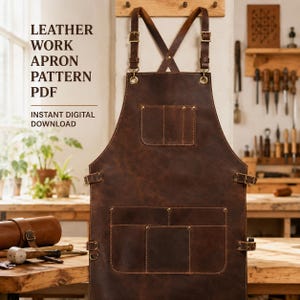 May include: A dark brown leather work apron featuring adjustable crisscross shoulder straps with metal buckles, a chest pocket, and a large lower pocket with multiple compartments. The text LEATHER WORK APRON PATTERN PDF INSTANT DIGITAL DOWNLOAD is visible.