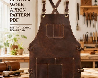 May include: A dark brown leather work apron featuring adjustable crisscross shoulder straps with metal buckles, a chest pocket, and a large lower pocket with multiple compartments. The text LEATHER WORK APRON PATTERN PDF INSTANT DIGITAL DOWNLOAD is visible.