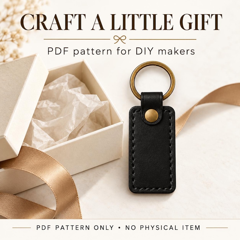 Rectangular black leather keychain beside leather scraps, needles and black thread, advertising a digital PDF leathercraft pattern.