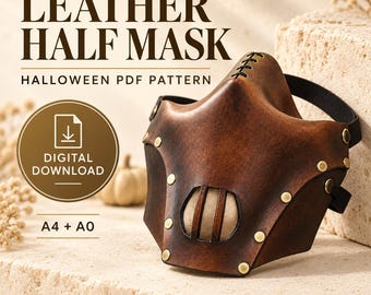 Puede incluir: Una media máscara de cuero marrón con un recorte central de barras verticales, asegurada con remaches de color latón y una correa negra. El texto dice LEATHER HALF MASK HALLOWEEN PDF PATTERN, DIGITAL DOWNLOAD, A4 + A0, PDF PATTERN ONLY NO PHYSICAL ITEM.