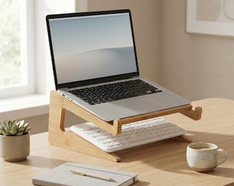 Bamboo Laptop Stand, Ergonomic Wooden Desk Riser, Vertical Holder, Space Saving