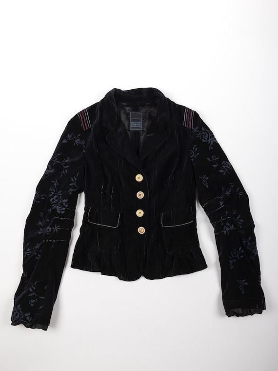 Marithé + François Girbaud, Marithé + François Girbaud giacca vintage in velluto nero/blu scuro con maniche floreali – IT 42