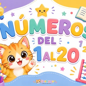 Puede incluir: Un póster educativo titulado NUMEROS DEL 1 AL 20 que muestra un gatito atigrado naranja de dibujos animados sosteniendo un lápiz azul, una estrella amarilla, un libro abierto, un ábaco colorido y un bote de lápices sobre fondo blanco.