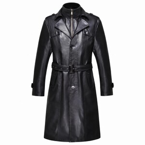 May include: A black trench coat made of a smooth material featuring a high collar with a central zipper, a button-down front closure, shoulder epaulets, and a matching waist belt with a buckle. The coat has long sleeves with cuff straps.