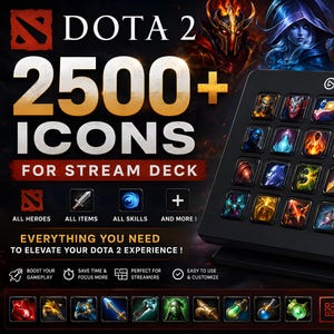 Puede incluir: Un dispositivo Elgato Stream Deck negro con una cuadrícula de botones iluminados que muestran varios iconos coloridos del juego Dota 2, incluyendo héroes, objetos y habilidades, con texto 2500+ ICONS FOR STREAM DECK y compatible con Elgato Stream Deck y Stream Deck +.