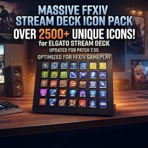 May include: A black Elgato Stream Deck featuring a grid of illuminated square buttons with various colorful icons. Text above reads: MASSIVE FFXIV STREAM DECK ICON PACK OVER 2500+ UNIQUE ICONS! for ELGATO STREAM DECK UPDATED FOR PATCH 7.55 OPTIMIZED FOR FFXIV GAMEPLAY.