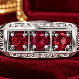 Può includere: Un anello color argento con tre pietre preziose rosse dal taglio rotondo disposte in fila orizzontale. La fascia è decorata con piccole pietre chiare dal taglio rotondo lungo i bordi superiore e inferiore, con un motivo laterale testurizzato.