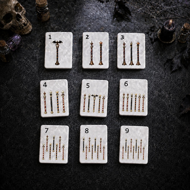 May include: Nine white rectangular tiles arranged in a grid, each featuring a different number of vertical wand-like sticks. The sticks are metallic with varied toppers including bats, stars, and skulls, numbered one through nine for identification.