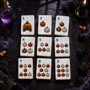May include: Nine rectangular white tiles arranged in a grid, each numbered one through nine. The tiles feature illustrations of orange and white pumpkins, with the first tile displaying a pumpkin carriage. The pumpkins have star patterns.