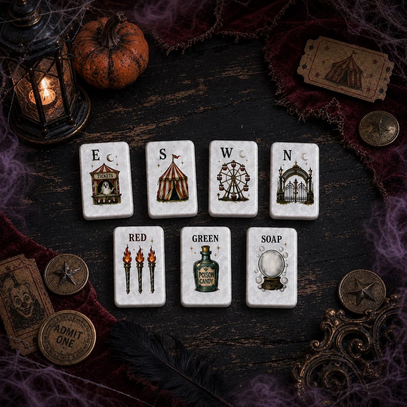 May include: Seven rectangular white tiles featuring illustrations of a ticket booth with a ghost, a circus tent, a ferris wheel, an ornate gate, three torches labeled RED, a bottle labeled GREEN POISON CANDY, and a crystal ball labeled SOAP.