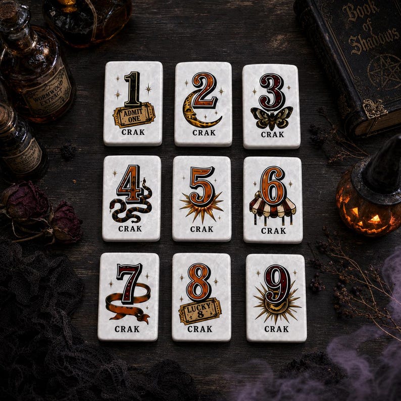 May include: Nine rectangular white tiles arranged in a grid, each featuring a large black number from one to nine and the word CRAK. The designs include an admit one ticket, crescent moon, moth, snake, sunburst, circus tent, ribbon, lucky 8 ticket, and starburst.
