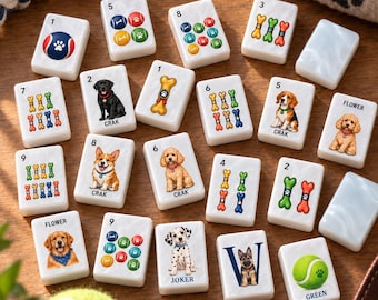 Dog-Themed American Mahjong Set: 160 Acrylic Tiles, Puppy Game Night Gift for Dog Lovers