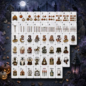 May include: A set of white mahjong tiles featuring Halloween-themed illustrations. The tiles display numbers 1-9 with pumpkin and staff motifs, character tiles with spooky imagery like ghosts, skulls, and skeletons, and directional tiles.