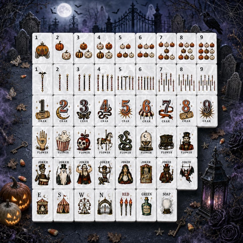 May include: A set of white mahjong tiles featuring Halloween-themed illustrations. The tiles display numbers 1-9 with pumpkin and staff motifs, character tiles with spooky imagery like ghosts, skulls, and skeletons, and directional tiles.