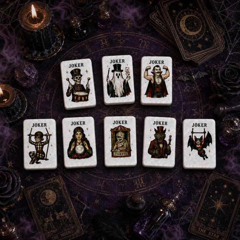 May include: Eight rectangular playing cards labeled JOKER, each featuring a unique illustration: a skeleton drummer, a ghost with a wand, a muscular vampire, a harlequin on a swing, a fortune teller, a mummy, a wolf in a suit, and a bat.