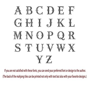 May include: A collection of black uppercase letters from A to Z in a decorative serif font. Below the alphabet, text reads: If you are not satisfied with these fonts, you can send your preferred font or design to the author. (The back of the mahjong tiles can be printed not only with text but also with your favorite designs.)