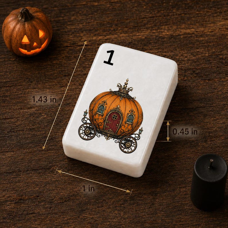 May include: A rectangular white tile featuring the number 1 and an illustration of an orange pumpkin carriage with a crown. The tile measures 1.43 inches in length, 1 inch in width, and 0.45 inches in thickness as indicated by measurement lines.