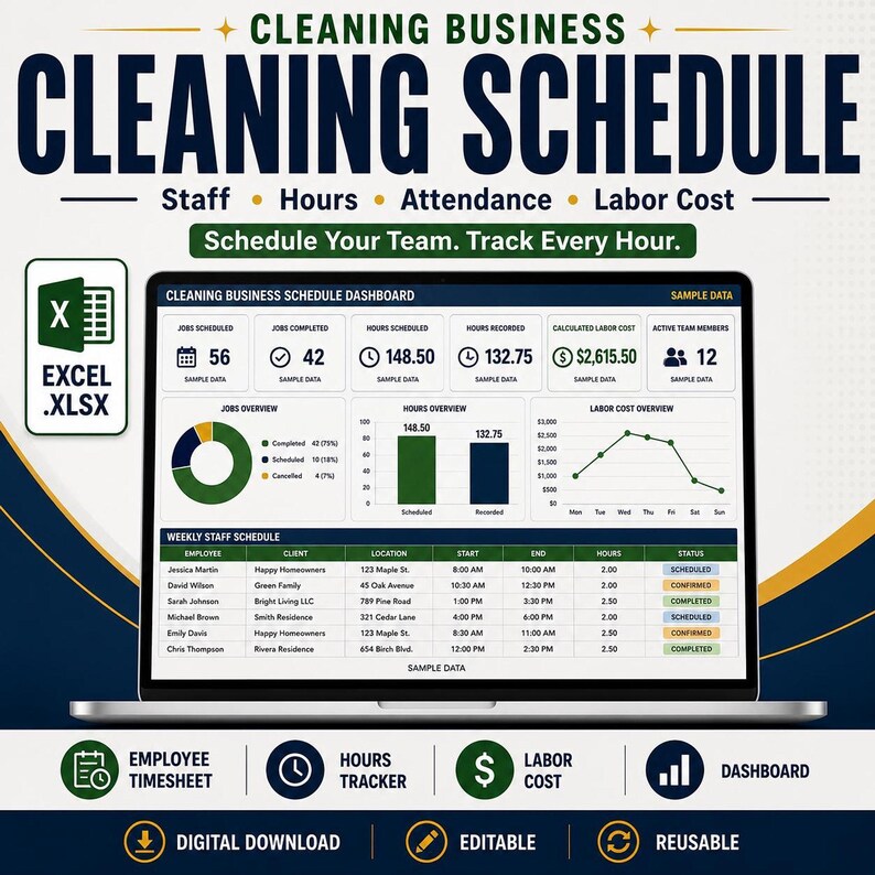 Cleaning Schedule Excel Template, Employee Timesheet and Labor Cost ...