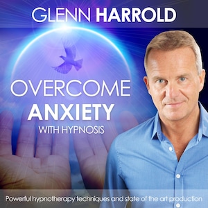 Könnte beinhalten: Ein digitales Cover mit einem Mann in einem hellblauen Hemd. Der Text lautet GLENN HARROLD, OVERCOME ANXIETY WITH HYPNOSIS und Powerful hypnotherapy techniques and state of the art production. Eine leuchtende blaue Kugel und ein Vogel sind zu sehen.
