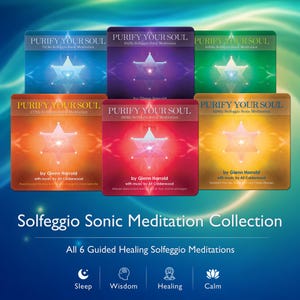 May include: A collection of six square digital album covers titled Purify Your Soul, featuring Solfeggio Sonic Meditation tracks by Glenn Harrold and Ali Calderwood. Each cover displays a glowing star symbol in blue, purple, green, orange, red, or gold.