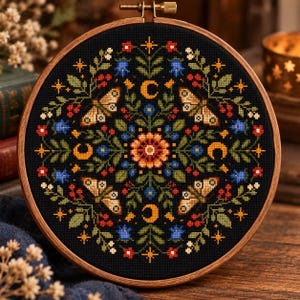 May include: A circular wooden embroidery hoop containing a black fabric piece with a cross-stitch design. The pattern features a central orange flower surrounded by symmetrical green leaves, red berries, blue flowers, four moths, and yellow crescent moons.
