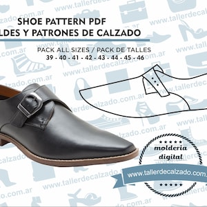 May include: A black leather monk strap shoe with a buckle closure, displayed next to a shoe pattern outline. The image includes text that reads "SHOE PATTERN PDF" and "PACK ALL SIZES". The shoe has a brown sole and a pointed toe.