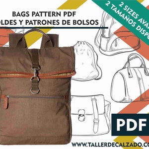 May include: A digital download of a PDF pattern for making a brown canvas backpack. The pattern includes two sizes and is available in Spanish and English. The text "BAGS PATTERN PDF" and "MOLDES Y PATRONES DE BOLSOS" is displayed on the image. The text "2 SIZES AVAILABLE" and "2 TAMAÑOS DISPONIBLES" is also displayed on the image. The text "PDF" is displayed on the image with a downward arrow.