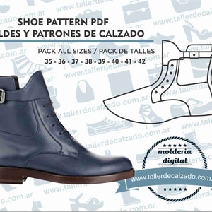 May include: A blue leather boot with a buckle and laces. The boot is on a white background with text that says "Shoe Pattern PDF Moldes y Patrones de Calzado Pack All Sizes / Pack de Talles 35 - 36 - 37 - 38 - 39 - 40 - 41 - 42" and a logo that says "Molderia Digital".