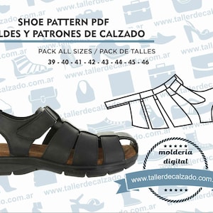 May include: Black leather sandals with a buckle closure. The sandals have a thick sole and are designed for comfort. The image includes the text "SHOE PATTERN PDF MOLDES Y PATRONES DE CALZADO PACK ALL SIZES / PACK DE TALLES 39 - 40 - 41 - 42 - 43 - 44 - 45 - 46 www.tallerdecalzado.com.ar molderia digital www.tallerdecalzado.com.ar"