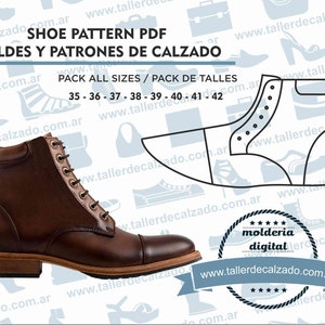 May include: A brown leather boot with a lace-up closure and a brown sole. The boot is on a white background with a pattern of shoes and other footwear. The text "SHOE PATTERN PDF MOLDES Y PATRONES DE CALZADO PACK ALL SIZES / PACK DE TALLES 35 - 36 - 37 - 38 - 39 - 40 - 41 - 42 www.tallerdecalzado.com.ar" is visible in the image.