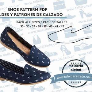 Könnte beinhalten: Ein digitales Muster zum Herstellen von Schuhen mit einem blauen und weißen Schuhdesign mit Ankerdruck. Das Muster ist in den Größen 35-42 erhältlich. Der Text "Shoe Pattern PDF Moldes y Patrones de Calzado Pack All Sizes / Pack de Talles" ist auf dem Bild zu sehen. Der Text "www.tallerdecalzado.com.ar" ist ebenfalls auf dem Bild zu sehen.