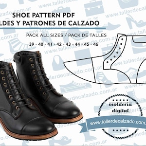 Peut inclure: Un patron numérique pour une paire de bottes en cuir noir. Le patron comprend les tailles 39 à 46. L'image comprend le texte "SHOE PATTERN PDF MOLDES Y PATRONES DE CALZADO PACK ALL SIZES / PACK DE TALLES 39 - 40 - 41 - 42 - 43 - 44 - 45 - 46 www.tallerdecalzado.com.ar molderia digital www.tallerdecalzado.com.ar"