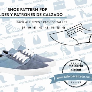 May include: A blue shoe pattern PDF for making shoes. The text on the image reads "Shoe Pattern PDF Moldes y Patrones de Calzado Pack All Sizes / Pack de Talles 39 - 40 - 41 - 42 - 43 - 44 - 45 - 46 www.tallerdecalzado.com.ar"