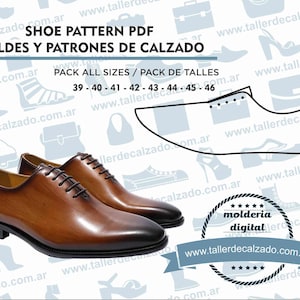 Puede incluir: Un par de zapatos de vestir de cuero marrón con cordones negros y suela negra. La imagen también incluye un patrón de zapato y el texto "SHOE PATTERN PDF" y "PACK ALL SIZES".