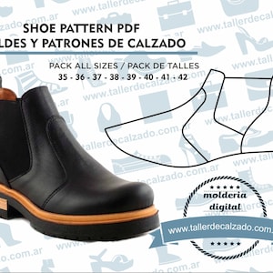 May include: A black leather ankle boot with a brown sole and elastic side panels. The boot is shown on a white background with a blue pattern of shoes and handbags. The text "SHOE PATTERN PDF MOLDES Y PATRONES DE CALZADO PACK ALL SIZES / PACK DE TALLES 35 - 36 - 37 - 38 - 39 - 40 - 41 - 42 www.tallerdecalzado.com.ar" is displayed on the image.