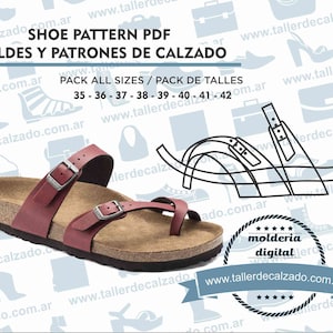 Op de afbeelding: Een rode leren sandaal met een kurkvoetbed en twee verstelbare banden. De afbeelding bevat de tekst "SHOE PATTERN PDF MOLDES Y PATRONES DE CALZADO PACK ALL SIZES / PACK DE TALLES 35 - 36 - 37 - 38 - 39 - 40 - 41 - 42 www.tallerdecalzado.com.ar molderia digital www.tallerdecalzado.com.ar"