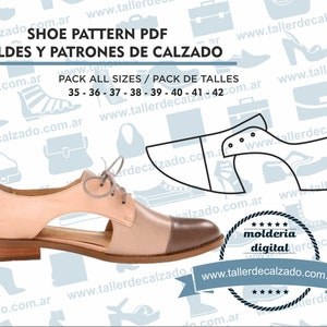 May include: A pink and brown shoe with a cut-out design. The shoe is on a white background with the text "Shoe Pattern PDF Moldes y Patrones de Calzado Pack All Sizes / Pack de Talles 35-36-37-38-39-40-41-42 www.tallerdecalzado.com.ar" and a logo that says "molderia digital www.tallerdecalzado.com.ar".