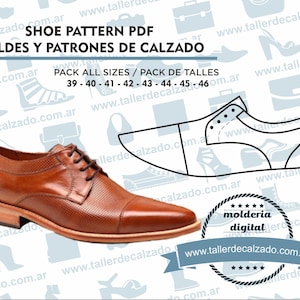 Puede incluir: Un zapato de cuero marrón con cierre de cordones. El zapato tiene un patrón texturizado y una punta redondeada. La imagen también incluye un dibujo de línea de un patrón de zapato con el texto "SHOE PATTERN PDF MOLDES Y PATRONES DE CALZADO PACK ALL SIZES / PACK DE TALLES 39 - 40 - 41 - 42 - 43 - 44 - 45 - 46" y "www.tallerdecalzado.com.ar".