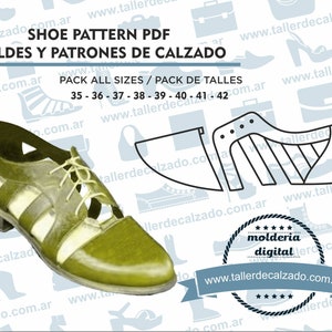 Könnte beinhalten: Ein digitales Muster für ein Schuhdesign. Das Muster ist für einen Schuh mit Schnürung vorne und einem Ausschnitt-Design. Das Muster ist in den Größen 35-42 erhältlich. Der Text "SHOE PATTERN PDF MOLDES Y PATRONES DE CALZADO PACK ALL SIZES / PACK DE TALLES 35 - 36 - 37 - 38 - 39 - 40 - 41 - 42 www.tallerdecalzado.com.ar" ist im Bild sichtbar.