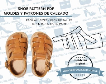 May include: A digital pattern for making sandals. The pattern includes instructions for sizes 13-20. The image shows a pair of brown leather sandals.