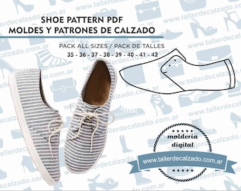 May include: A shoe pattern PDF for making shoes. The image shows two striped canvas shoes and a line drawing of a shoe pattern. The text on the image reads "Shoe Pattern PDF", "Moldes y Patrones de Calzado", "Pack All Sizes / Pack de Talles", "35 - 36 - 37 - 38 - 39 - 40 - 41 - 42", and "Molderia Digital".