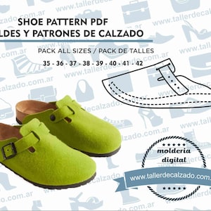 Puede incluir: Patrón PDF de zueco de fieltro verde con un contorno negro del zapato. El texto "SHOE PATTERN PDF MOLDES Y PATRONES DE CALZADO PACK ALL SIZES / PACK DE TALLES 35 - 36 - 37 - 38 - 39 - 40 - 41 - 42" es visible en la imagen. El texto "molderia digital" también es visible en la imagen.