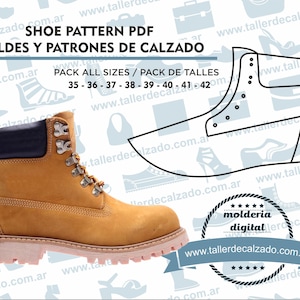 Könnte beinhalten: Ein digitales Schuhmuster-PDF zum Herstellen von Stiefeln. Das Muster umfasst die Größen 35-42. Das Bild zeigt einen braunen Stiefel mit schwarzen Akzenten und einer weißen Sohle. Der Text "SHOE PATTERN PDF MOLDES Y PATRONES DE CALZADO PACK ALL SIZES / PACK DE TALLES 35 - 36 - 37 - 38 - 39 - 40 - 41 - 42" ist im Bild sichtbar.