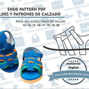 May include: A digital pattern PDF for sandals, with a blue and orange color scheme. The image shows a pair of sandals in the pattern, along with a digital stamp that says "molderia digital". The text "SHOE PATTERN PDF MOLDES Y PATRONES DE CALZADO" is at the top of the image. The text "PACK ALL SIZES / PACK DE TALLES 13-14-15-16-17-18-19-20" is below the title.