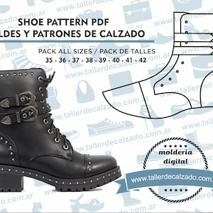 Pode incluir: Uma bota de couro preta com fivelas e tachas prateadas. A bota tem uma sola de plataforma grossa e um salto grosso. A imagem também inclui um desenho de linha da bota e o texto "SHOE PATTERN PDF MOLDES Y PATRONES DE CALZADO PACK ALL SIZES / PACK DE TALLES 35 - 36 - 37 - 38 - 39 - 40 - 41 - 42 www.tallerdecalzado.com.ar".