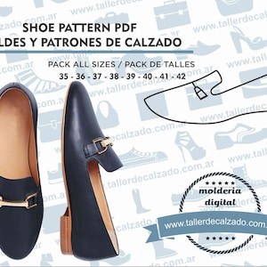 Könnte beinhalten: Ein schwarzes Lederschuhmuster mit einer goldenen Schnalle. Das Muster ist für die Größen 35-42. Das Bild enthält den Text "SHOE PATTERN PDF MOLDES Y PATRONES DE CALZADO PACK ALL SIZES / PACK DE TALLES 35 - 36 - 37 - 38 - 39 - 40 - 41 - 42" und ein Logo mit der Aufschrift "molderia digital www.tallerdecalzado.com.ar".