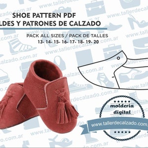 May include: A digital pattern PDF for making shoes. The image shows a pair of red suede baby shoes with tassels and a pattern for the shoe. The text on the image reads "Shoe Pattern PDF Moldes y Patrones de Calzado Pack All Sizes / Pack de Talles 13-14-15-16-17-18-19-20.com.ar www.tallerdecalzado.com.ar"