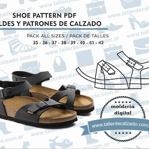 Peut inclure: Sandales en cuir noir avec une semelle en liège et des sangles réglables. Les sandales sont présentées sur un fond blanc avec un motif de chaussures, de sacs à main et d'autres accessoires. Le texte "SHOE PATTERN PDF MOLDES Y PATRONES DE CALZADO PACK ALL SIZES / PACK DE TALLES 35 - 36 - 37 - 38 - 39 - 40 - 41 - 42 www.tallerdecalzado.com.ar" est également visible sur l'image.